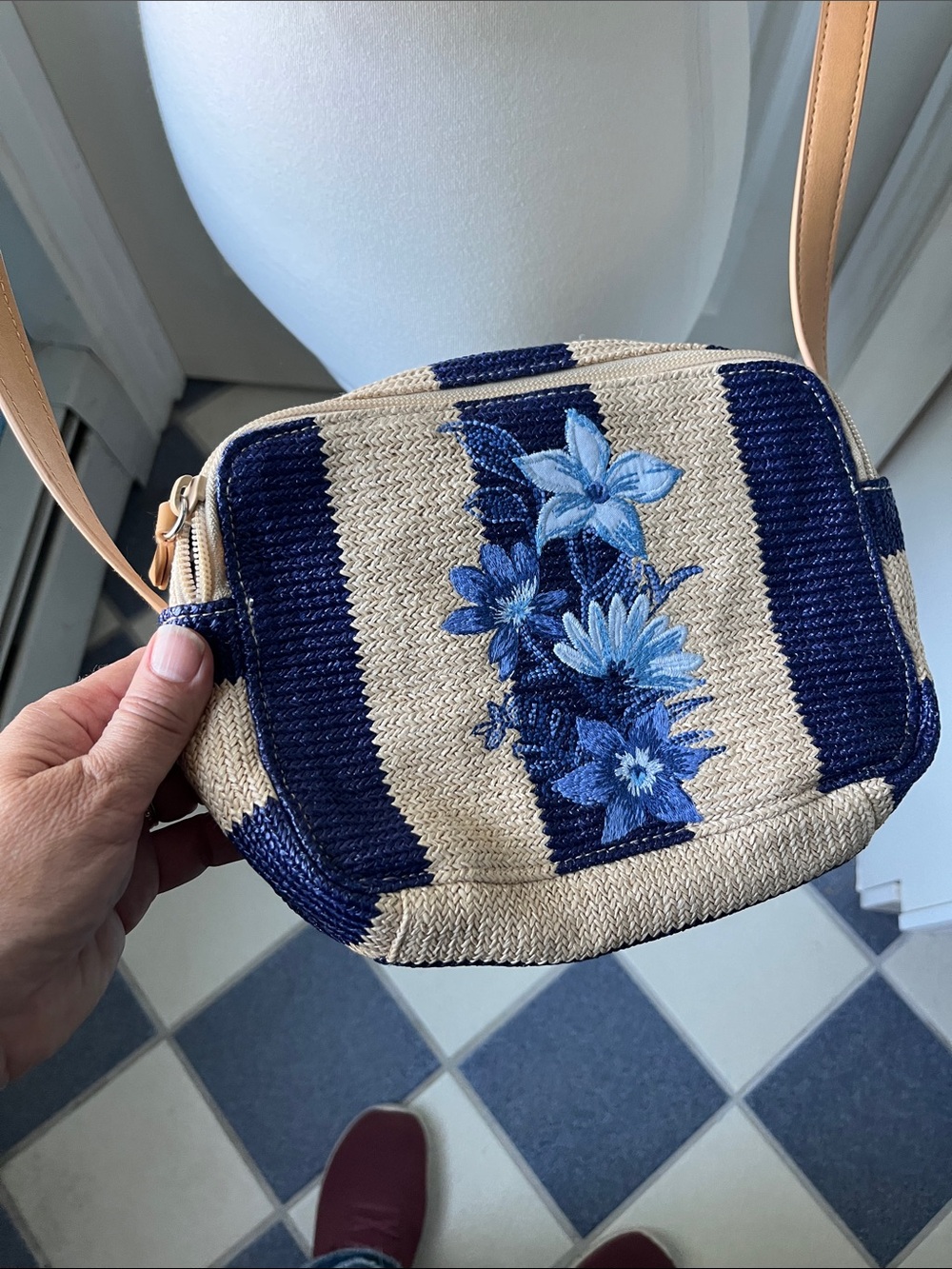 Vera Bradley Woven Blue Floral Crossbody Bag with Tan Strap tropical - Picture 2 of 7